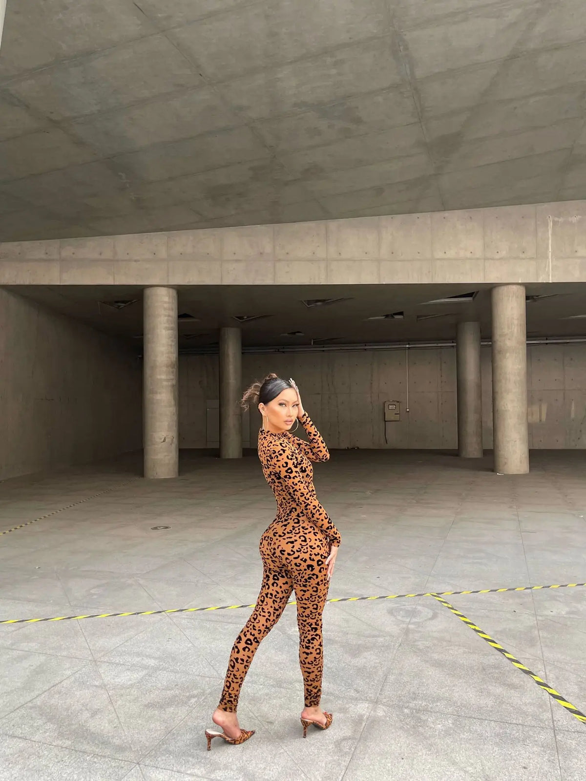 Womens Leopard Print High Neck Long Sleeve Bodysuit Slim Fit Sexy Casual Streetwear Y2K Club Night Out Party One Piece Jumpsuits