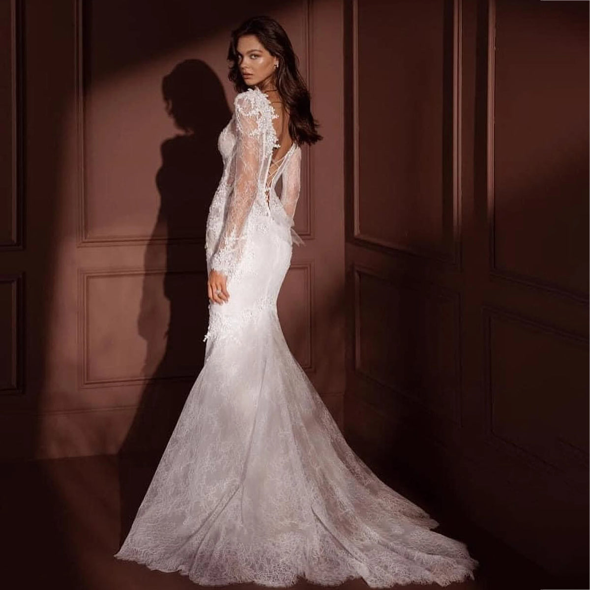Beaded Wedding Dresses Lace Appliques Backless Lace Up Mermaid Full Sleeve Bride Gowns Luxury vestido de noiva 2026 Customized