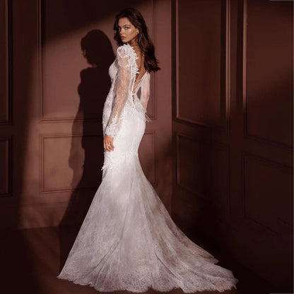 Beaded Wedding Dresses Lace Appliques Backless Lace Up Mermaid Full Sleeve Bride Gowns Luxury vestido de noiva 2026 Customized