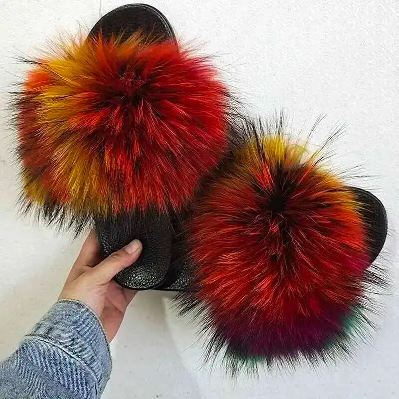 Real Raccoon Fur Slippers For Women 2026 Summer Fluffy Indoor House Fuzzy Flat Slides Outdoor Fashion Beach Sandals Flip Flops