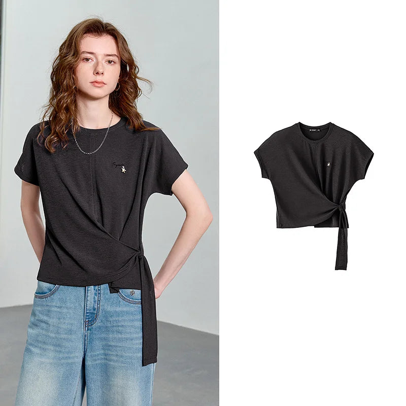 TOYOUTH Women's Asymmetric Wrap Tie T-Shirt 2026 Summer New Long Sleeve Starfish Print Loose Pullover Top