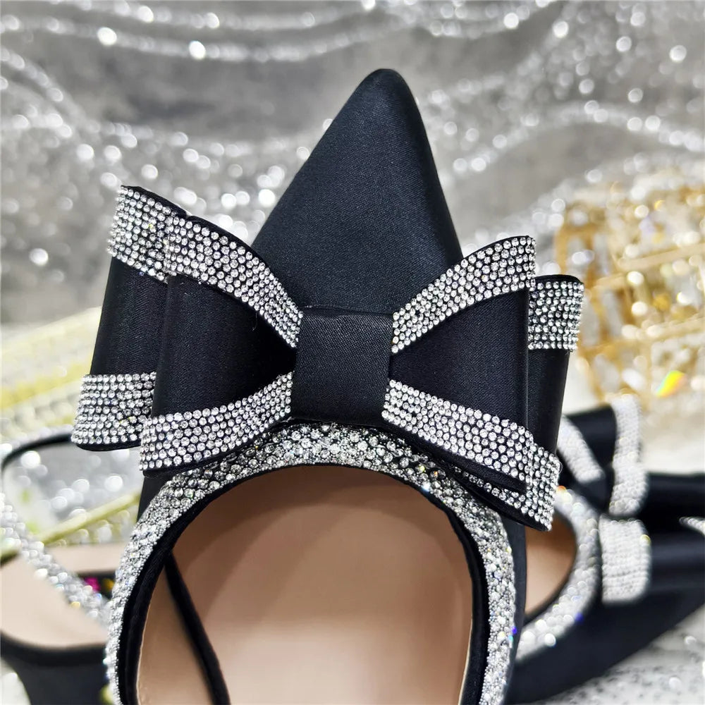 Med Heel Shoes for Women Hollowed Out Embroidery Rhinestone Italian Design Olive-green Color Pointed-Toe Shoes and Bags Set