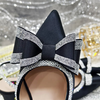 Med Heel Shoes for Women Hollowed Out Embroidery Rhinestone Italian Design Olive-green Color Pointed-Toe Shoes and Bags Set