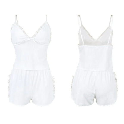 Women's Ribbed Lace Camisole Shorts Pajama Set Summer Breathe Sleeveless Sleepwear 2 Piece Set Female Soft Elastic Homewear