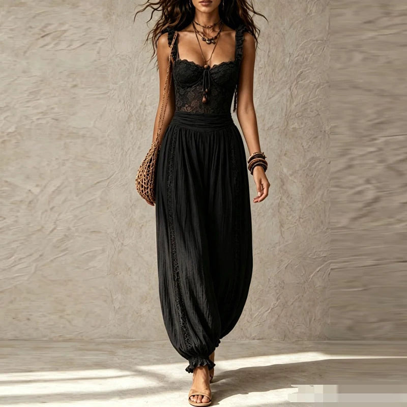 Women Elegant Ruffle Waist Solid Playsuit Overalls Casual Sleeveless Long Romper Sexy V-neck Lace Trim Spaghetti Strap Jumpsuits