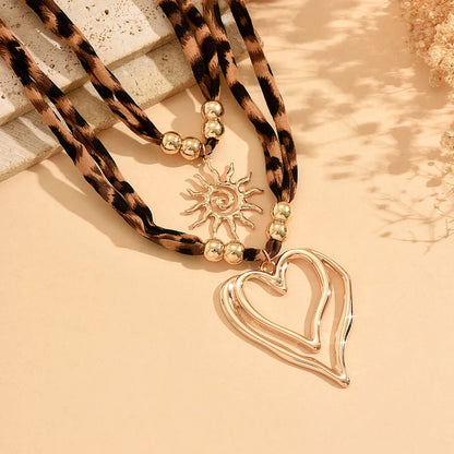 Leopard Print Layered Ribbon Choker Necklace Gold Y2K Heart Sun Pendant Adjustable Bohemian Jewelry for Women