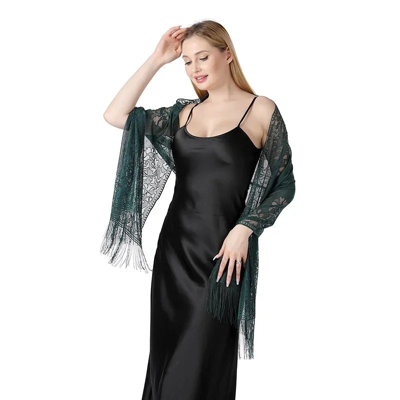 Korean Women Summer Thin Hollow Flower Long Tassel Party Cloak Sunscreen Shawl Sun Clothing Travel Towel Lace Evening Dress Scar