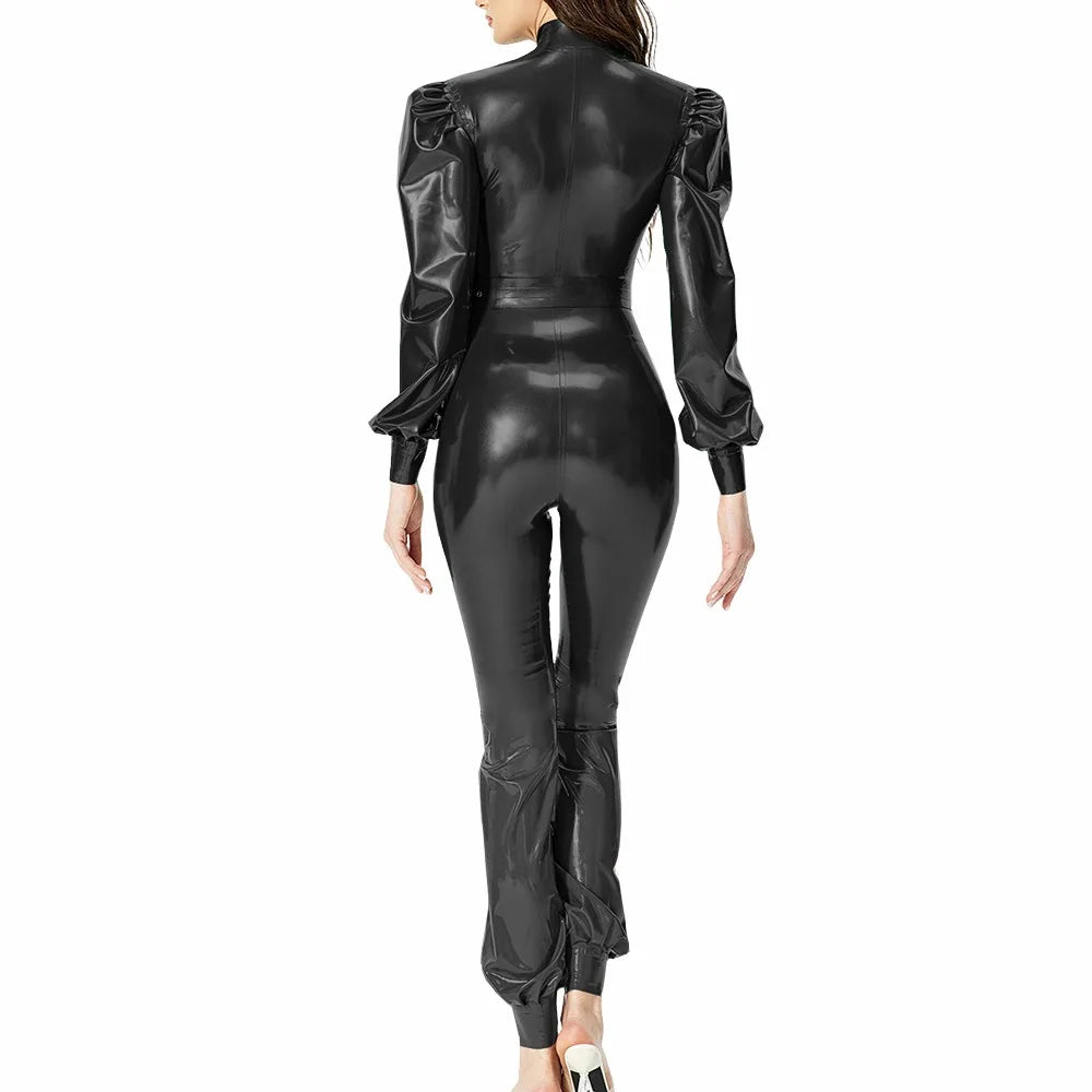 Plus Size Fashionable PVC Patent Leather Jumpsuit for Women Latex-look Clubwear Stand Collar Belt Puff Long Sleeve Slim Rompers