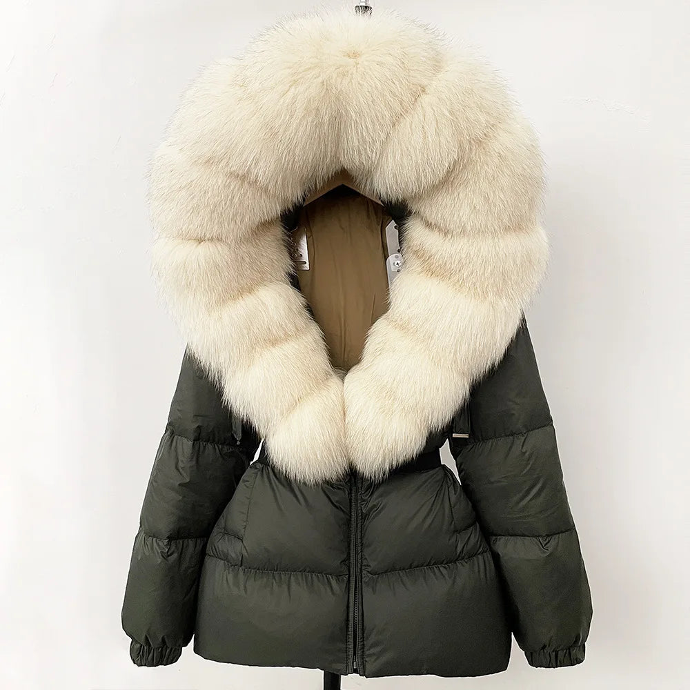 Hot Sale Women Luxury Black Down Jacket Waist‑Cinched Design High‑End Elegant Real Big Fox Fur Hooded Collar Winter Outerwear
