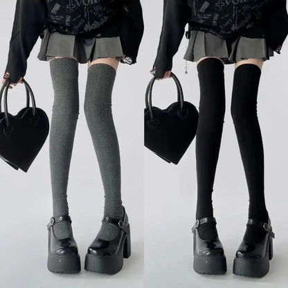 1pair Women Cotton Over Knee High Socks 80cm Lengthened High Over Knee Stockings Black White Soild Color Long Warm Knee Socks