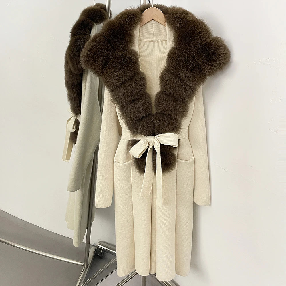 OFTBUY Fashion Warm Belt Real Fox Fur Cardigan New Natural Fur Collar Long Knit Jacket Women Atrumn Winter Top Clothing Female