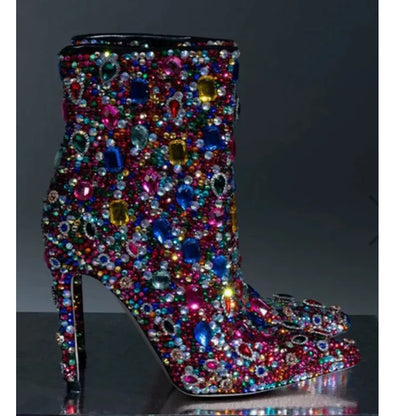 Multi-Color Rhinestone Pointed Toe Stiletto Ankle Boots Woman Winter 2026 Sparkly Crystal Side Zipper High Heel Dress Boots