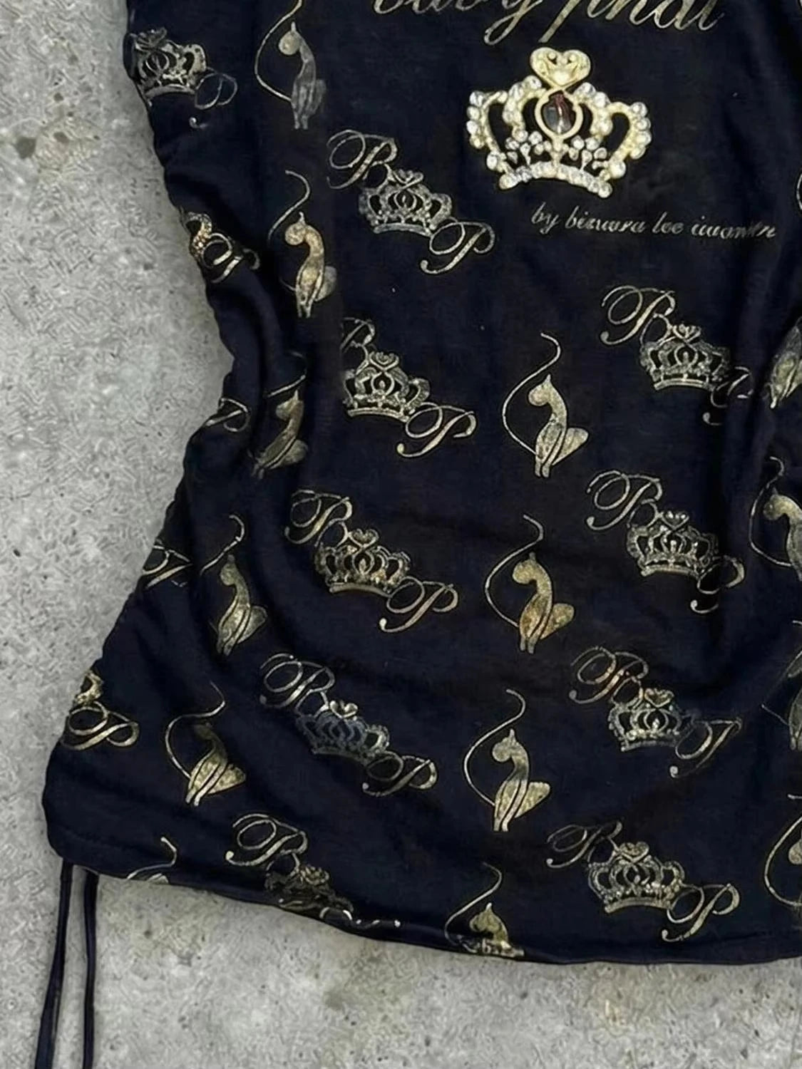 Crown Print Drawstring Waist Cinching Women's Tank Top American Y2K Millennium Hot Girl Style Black Bottom Gilded Strapless Vest