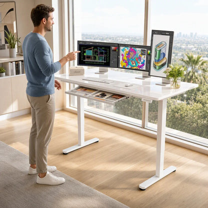 Glass Standing Desk with Drawer 58 X 28 Inches Stand up Desk Standing Desk Adjustable Height with One-Piece Tempered Glass Top, Ergonomic Home Office Desk with 4 Preset Heights