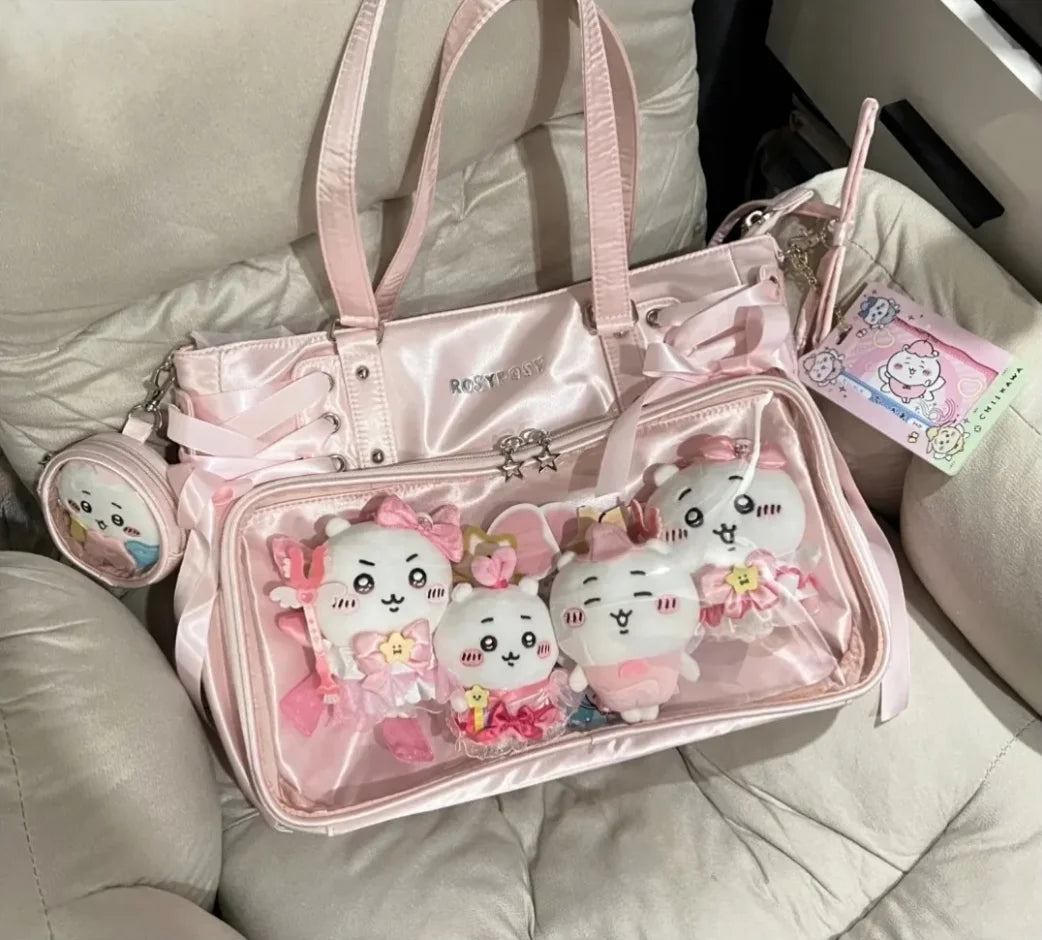 Sweet Cute Bow Shoulder Bags Women Horizontal Transparent Large Capacity Anime Ita Bag Ladies Harajuku Solid Color Handbag Chic