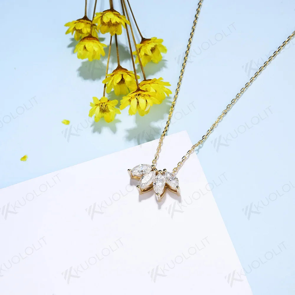 Kuololit 1CTW Marquise Cut Moissanite Necklaces for Women Solid 10K 14K 18K 925 Sliver Leaves Pendant with Chain for Engagement