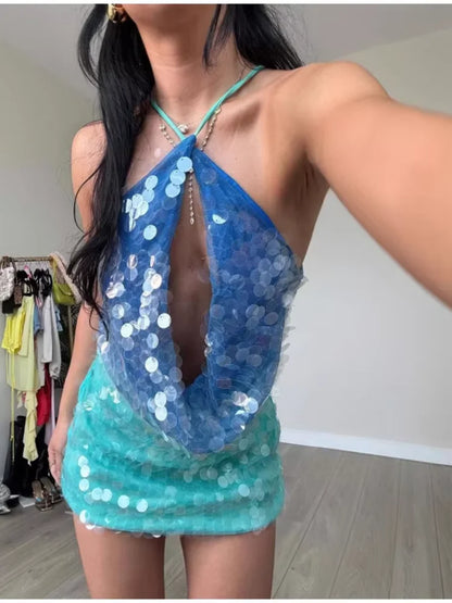 Women's 2026 Light Blue Halter Sequin Dress Sleeveless Loose Large Sequin A-Line Mini Dress Summer Evening Party Shining Gown