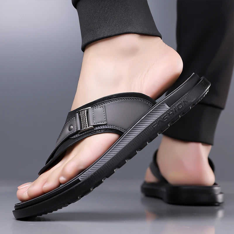 New Trend Men's Flip Flops Leather Beach Sandals Quick Dry Water Shoes Non Slip Summer Slippers Outdoor Slides Walking Sandalias