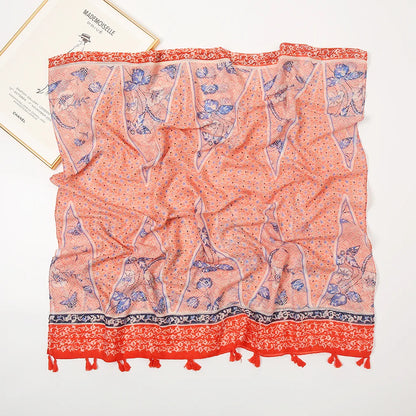 2025 Japanese Boho Linen Scarf: Vintage Floral Print Patchwork Shawl - Sun Protection Fringe Wrap Women