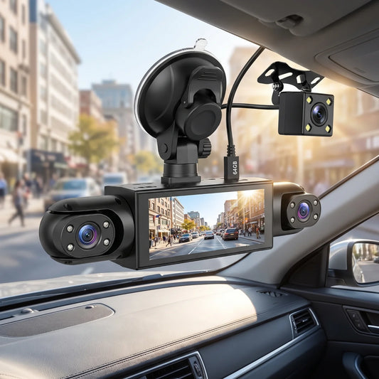Car Dash Cam 4 Channel 3.16 Inch Screen Four Way Recording Front Left Right Rear Camera With 64G TF Card 1080P Front Dashcam 150 Degree Wide Angle Loop Recording Motion Detection Multi Language Vehicle Driving Recorder For Ca