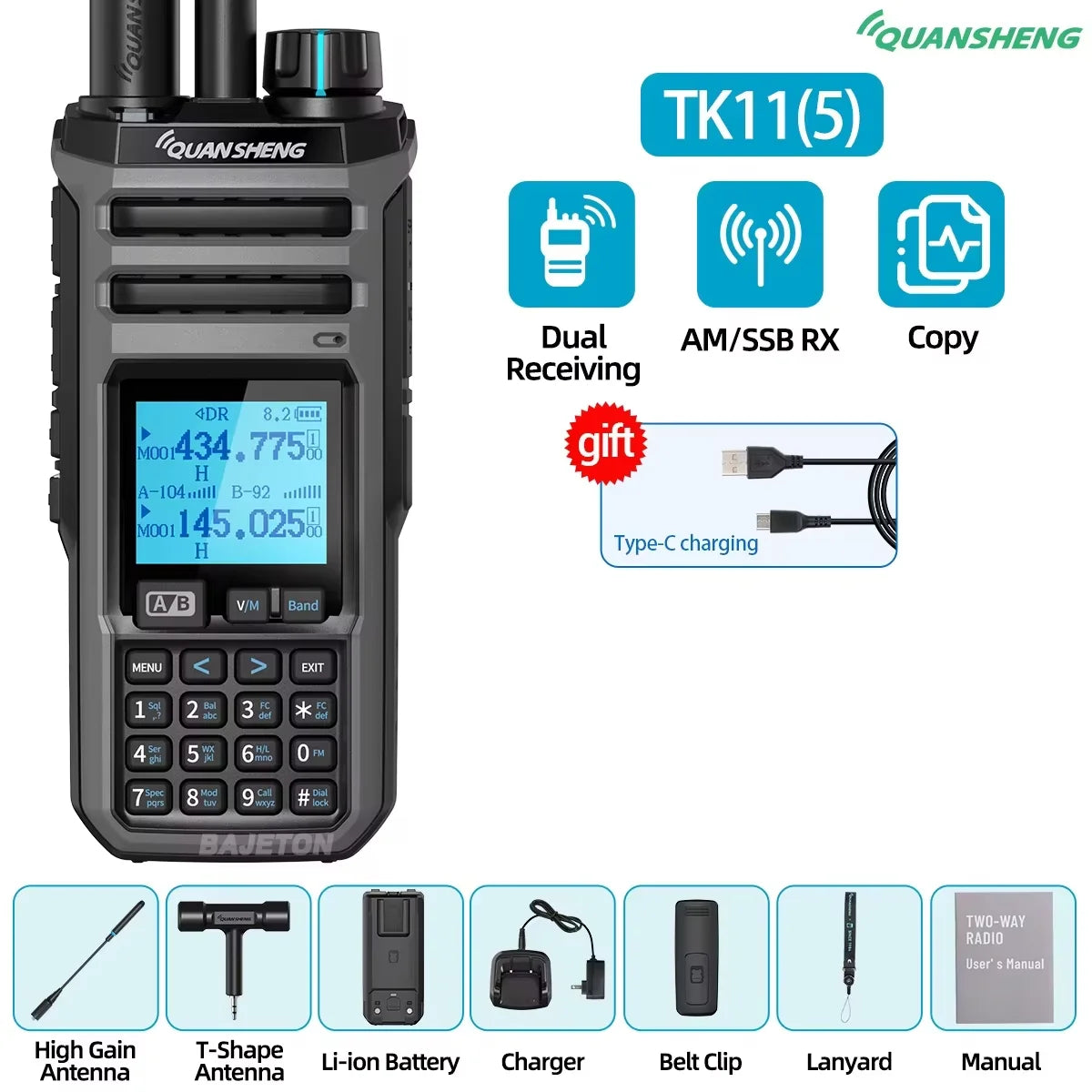 Quansheng TK11 8 Walkie Talkie 10W Dual Receiving PTT AM SSB 27MHz CB CW LSB LW MW SW Type-C NOAA for UV-K5 8 Ham Radio TK-11 5
