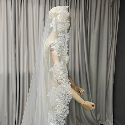 Customized Long Mantilla Veil with Eyelash Lace, 2.5m/3m Ivory Veil with Hidden Comb, Chantilly Eyelash Lace Wedding Veil
