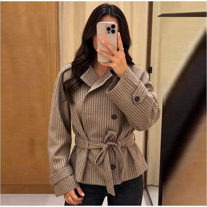 Plaid Cropped Trench Coat Lapel Collar Double Breasted Belted Waist Long Sleeve Women All-match Coats 2026 Autumn Commute Outfit