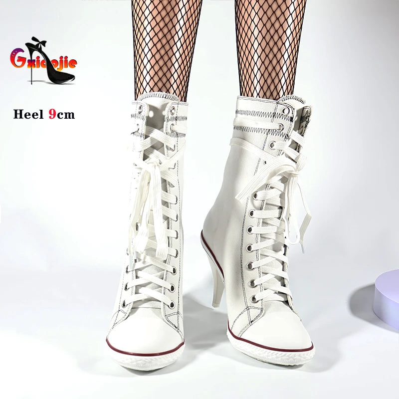 Sport Style Lace Up Denim Boots Ladies Retro Cowboy Dress Shoes Female Unique Shoes Casual Studded High Heels Spring Autumn Boot