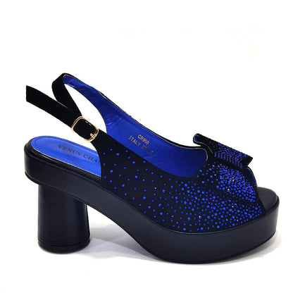 2024 Silver Fashion Square Heels with Platform African Women Shoes and Bag Set Full Crystal Pumps for Wedding Party