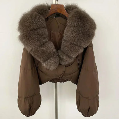Winter Female White Duck Down Jacket Luxury Loose Short Fashion Casual Women Warm Real Fox Fur Coat Long Sleeve Puffer Jacket