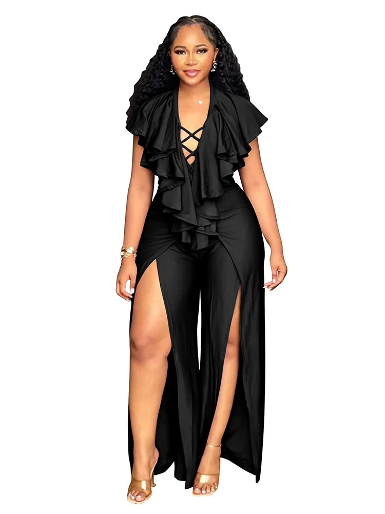 Plus Size Jumpsuit Woman Sexy Ruffle Trim Jumpsuit Deep V Neck Cross Lace Up High Slit Ladies Wide Leg Jumpsuit Dress Loungewear