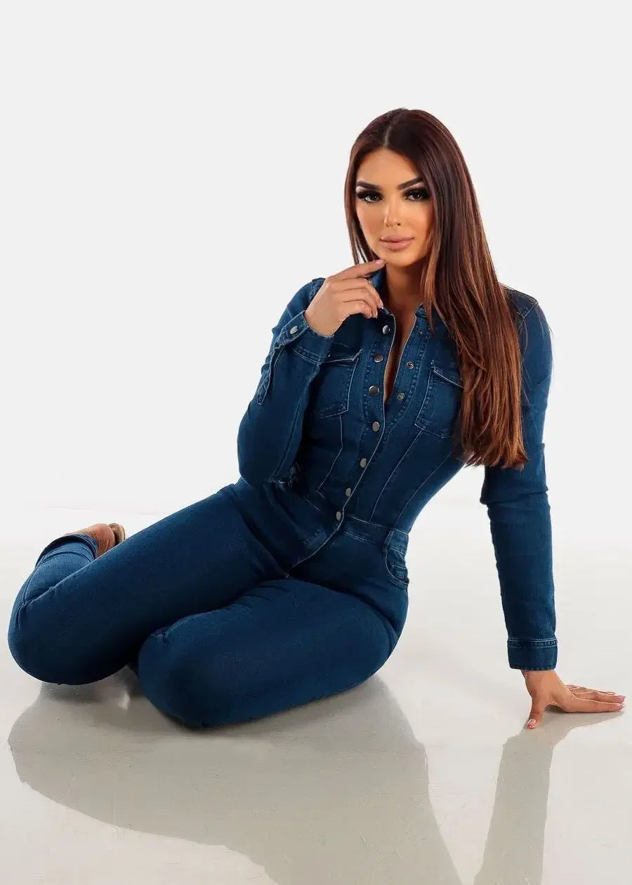 Turn Down Collar Women One Piece Full Sleeve Tight High Waist Bodycon Overalls Denim Jumpsuits Sheath Long Pants Rompers Fall