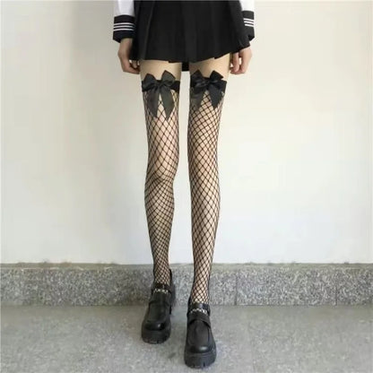 White Puresire Fishnet Stockings Pink Bow Tie Contrasting Color Women's Knee High Sexy Hollow Out Seductive Large Mesh Stocking#