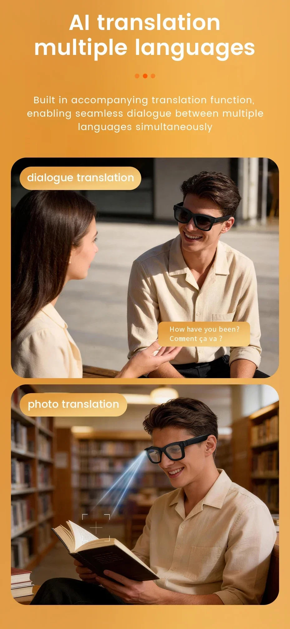 Smart Glasses with EIS Anti-shake 1080P Shooting Real-time Translation of Conversations Photos Long-lasting Music Smart Glasses