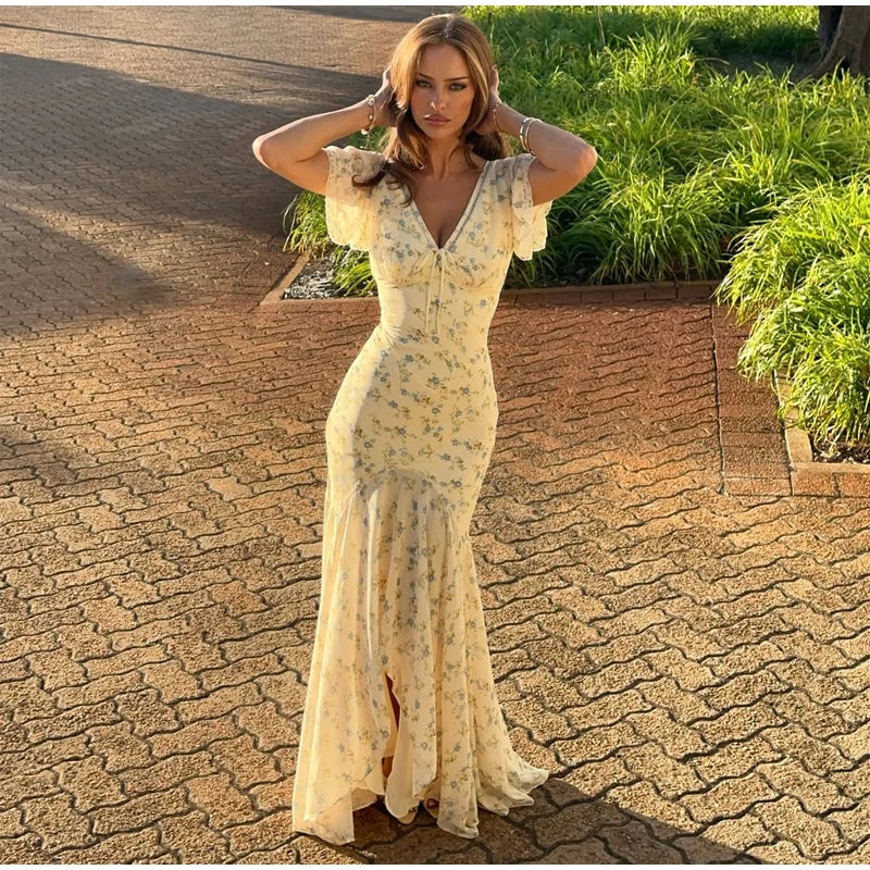 Fashion V-neck Floral Women Maxi Dress Flutter Sleeve Lace Trim High Waist Chiffon Vestidos Summer Female Daily Vacation Dresses