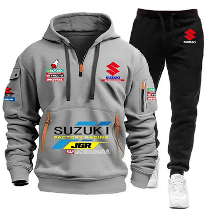 2026 Suzuki Men's Hoodie, Half-Closed Front Multi-Pocket Sport Shirt + Athletic Pants Two-Piece Set for Cycling, Running and Mot