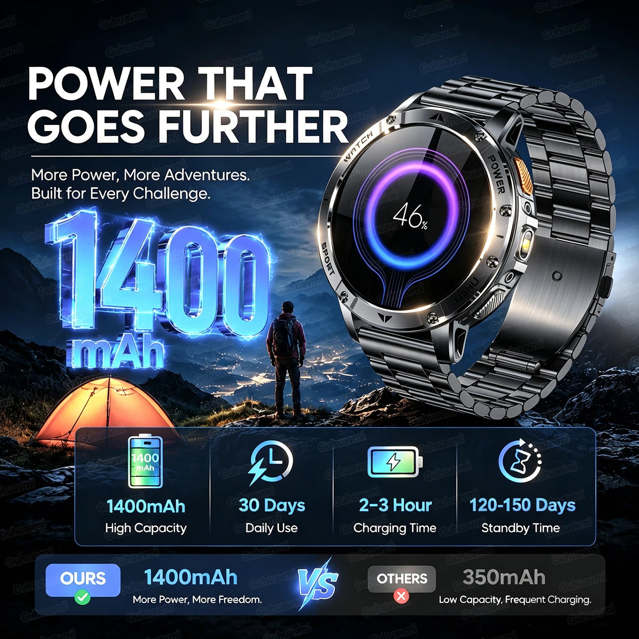 TANK Ultra Outdoor Smartwatch 1400mAh Battery Military Watches Waterproof Two-color Tactical LED Flashlight Men Sports Bracelet