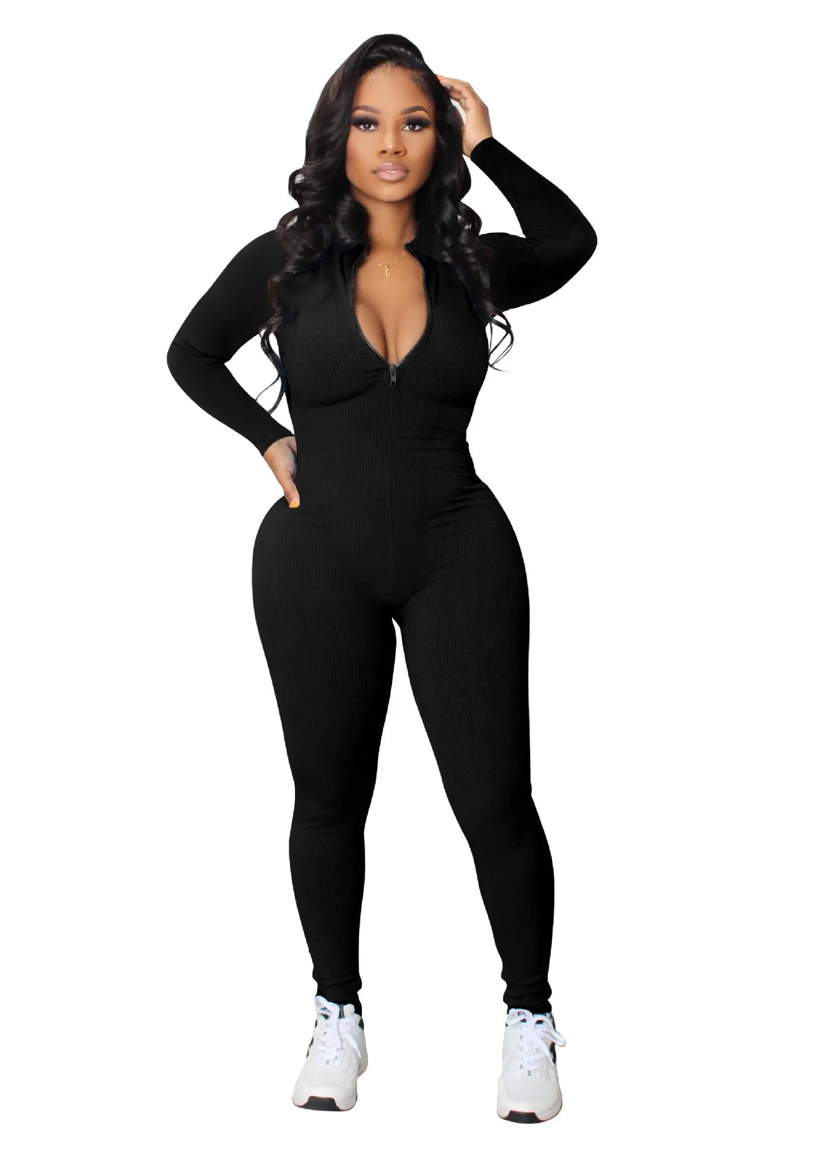 Black Jumpsuit Women 2025 Ribbed Zip Up Athletic Jumpsuit Ultimate Blend of Fashion Long Sleeve Zip V Neck Long Rompers Bodysuit