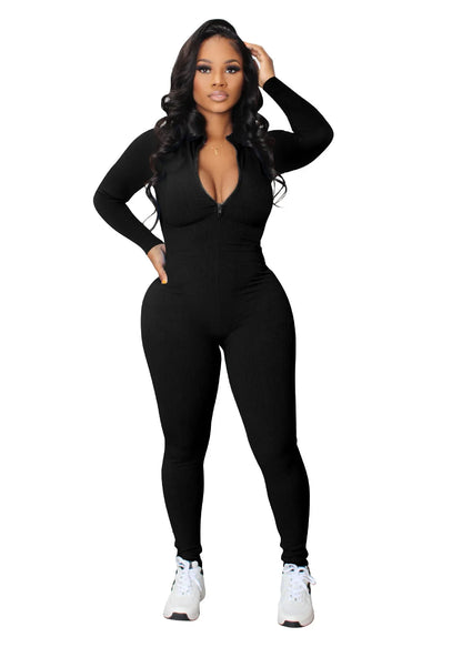 Black Jumpsuit Women 2025 Ribbed Zip Up Athletic Jumpsuit Ultimate Blend of Fashion Long Sleeve Zip V Neck Long Rompers Bodysuit
