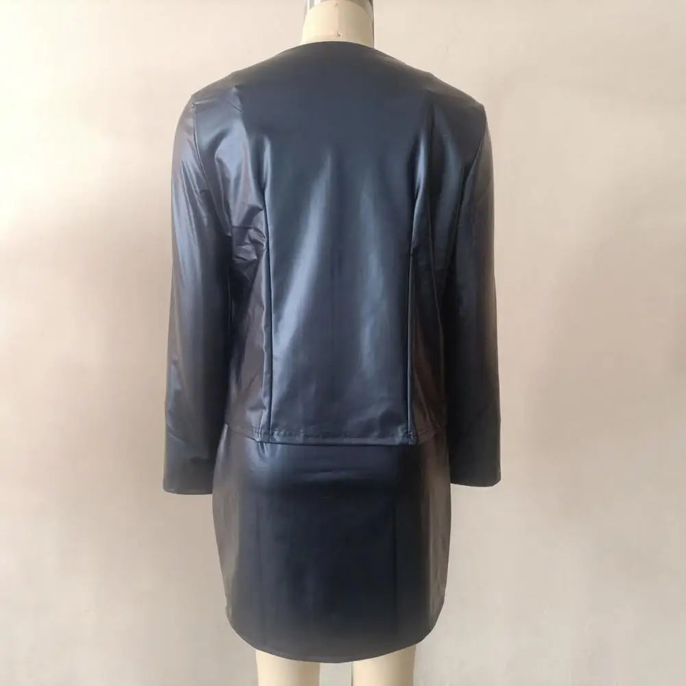 Women's Faux Leather Blazer Dress Suit Sets Office Work Mini Dress with Coat Two Piece Formal Business Outfits