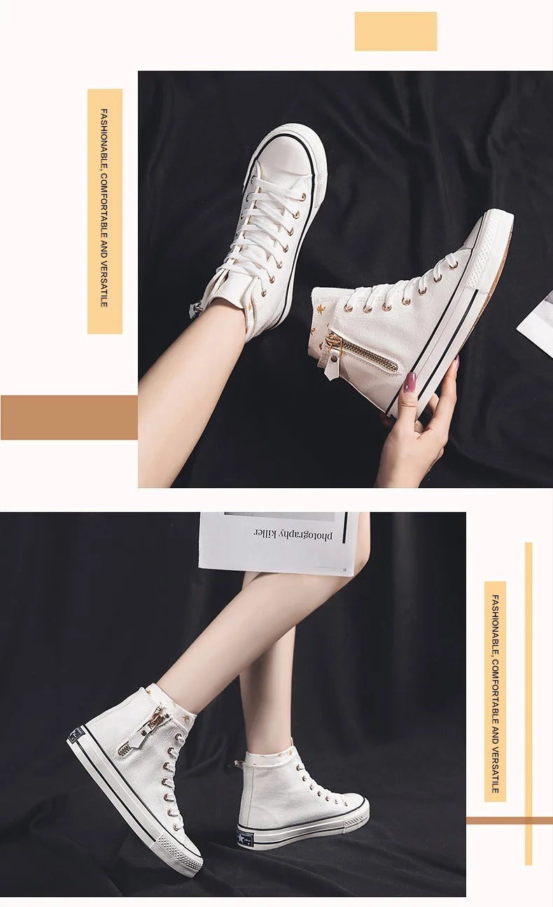 High-top Canvas Shoes for Women Fashion Casual Mid-Top Flat Women's Sneakers Designer Side Zipper Woman's Shoes Zapatos De Mujer