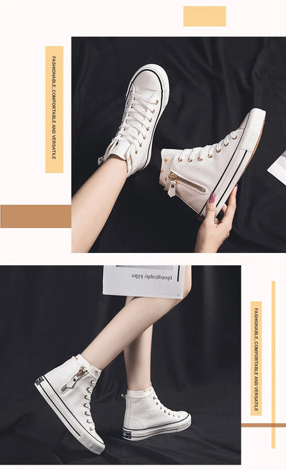 High-top Canvas Shoes for Women Fashion Casual Mid-Top Flat Women's Sneakers Designer Side Zipper Woman's Shoes Zapatos De Mujer
