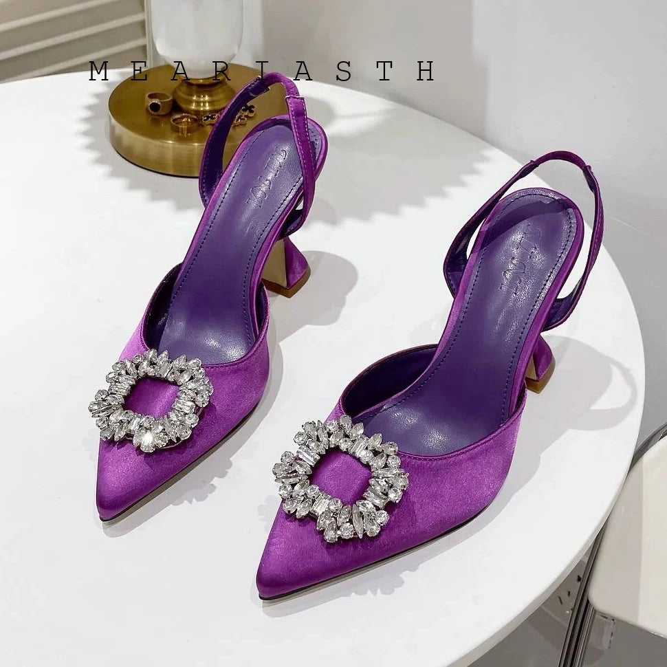 Brand Silk Women Pumps Luxury Crystal Slingback High Heels Summer Bride Shoes Comfortable triangle Heeled Party Wedding Shoes