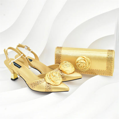 Luxury Italian Shoes and Bag Set for Women Pointed Toe High Heels Party Dress Female Pumps Decorated with Handmade Flowers