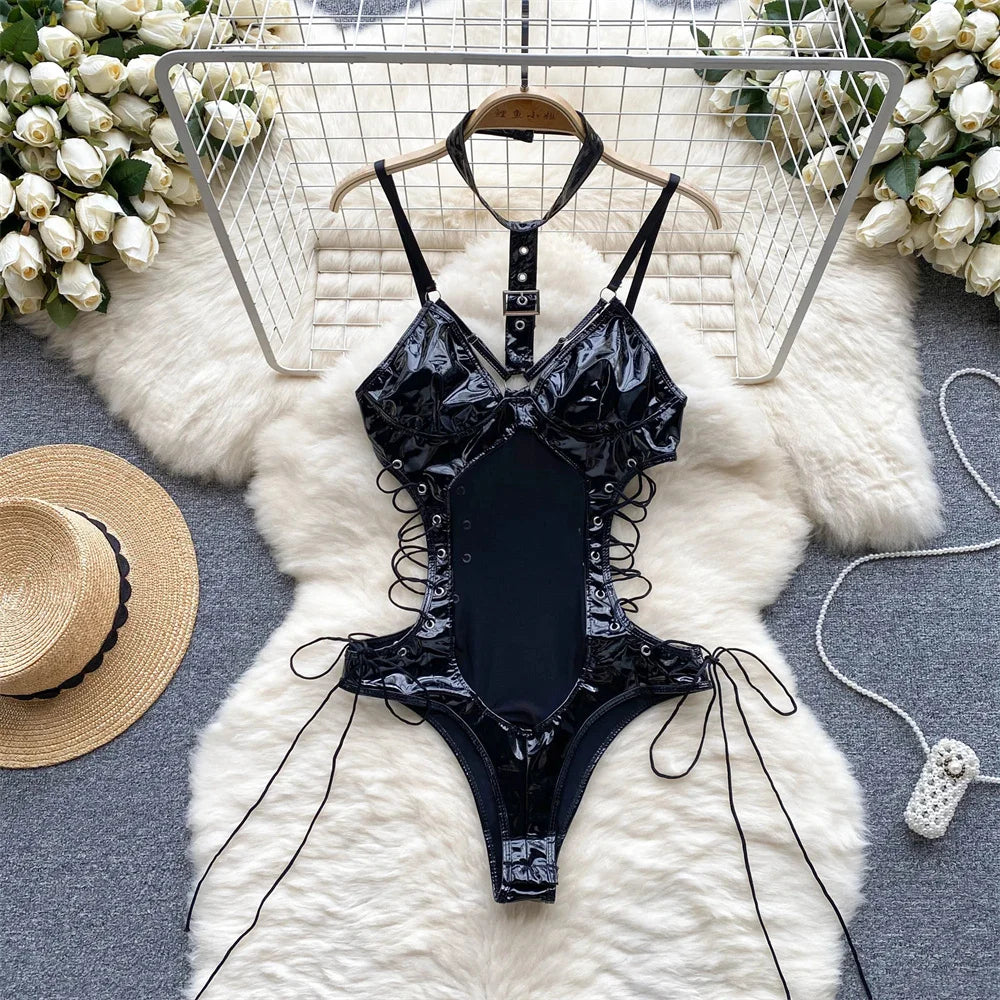 Cute Sweet Trend Cartoon Printed Jumpsuit Half High Collar Sleeveless Slim Fit Lingerie Bodycon Bodysuit Rompers Pajama Catsuits
