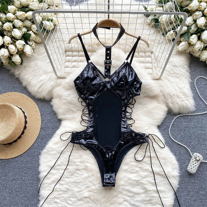 Cute Sweet Trend Cartoon Printed Jumpsuit Half High Collar Sleeveless Slim Fit Lingerie Bodycon Bodysuit Rompers Pajama Catsuits