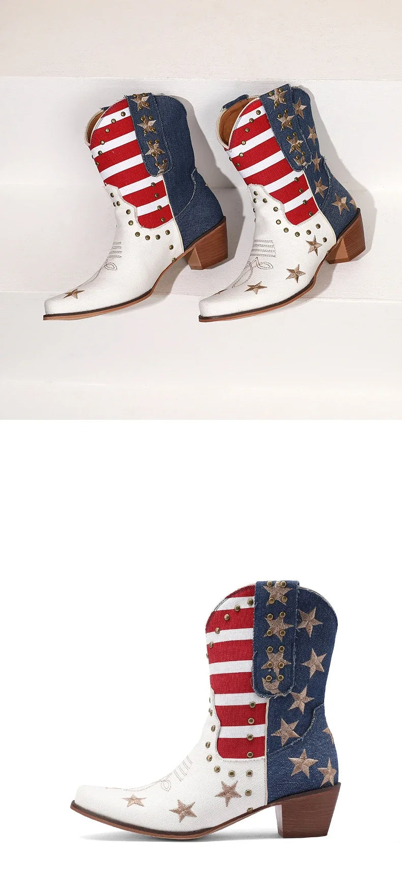 Western Women Cowboy Ankle Boots Denim Embroidery Star Rivet Warped Pointed Toe High Heels American Cowgirl Vintage Short Boots