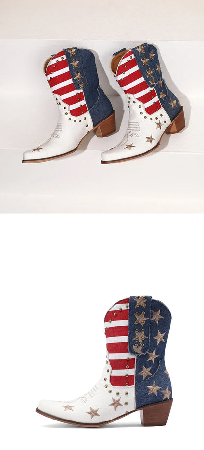 Western Women Cowboy Ankle Boots Denim Embroidery Star Rivet Warped Pointed Toe High Heels American Cowgirl Vintage Short Boots