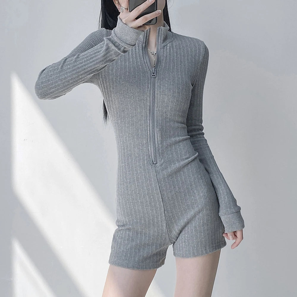 Women's Jumpsuits Long Sleeve Slim Fit Stretch One Piece Yoga Shorts Playsuits Romper Sexy Fitness Big Zipper Sportwears