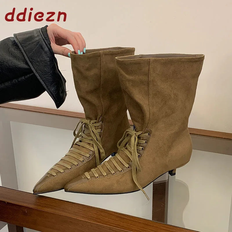 New Fashion Cross-tied Pointed Toe Women Ankle Boots Autumn Winter Thin Low Heels Party Dress Ladies Short Booties Shoes